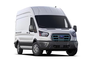 White cargo van with a high roof, front view, highlighting its modern design and spacious capacity.