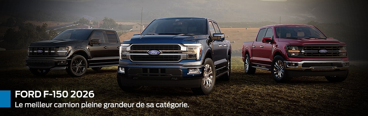 Three Ford F-150 2026 trucks in a field. Text promotes them as top full-size trucks.