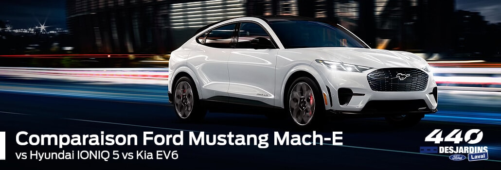 White Ford Mustang Mach-E on road, with text comparing it to Hyundai IONIQ 5 and Kia EV6.