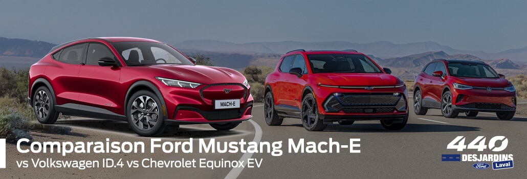 Ford Mustang Mach-E vs Volkswagen ID.4 vs Chevrolet Equinox EV comparison on a scenic road.