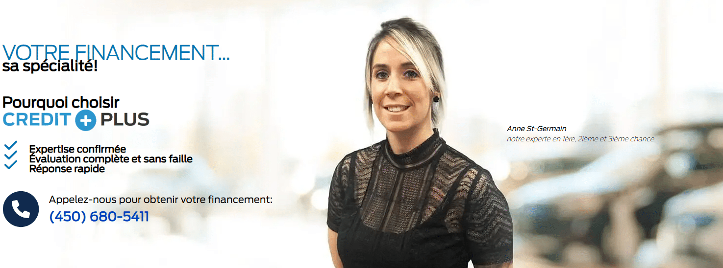 Woman smiling with "Your Financing... our speciality!" text, expert contact details, and Credit Plus logo.