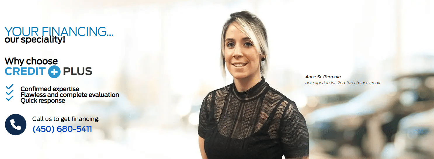 Woman smiling with "Your Financing... our speciality!" text, expert contact details, and Credit Plus logo.