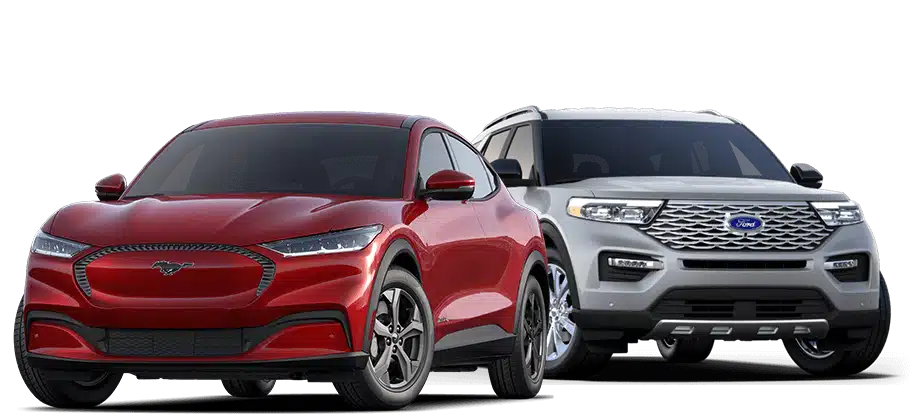 Red Ford Mustang Mach-E and white Ford SUV showcasing modern design.