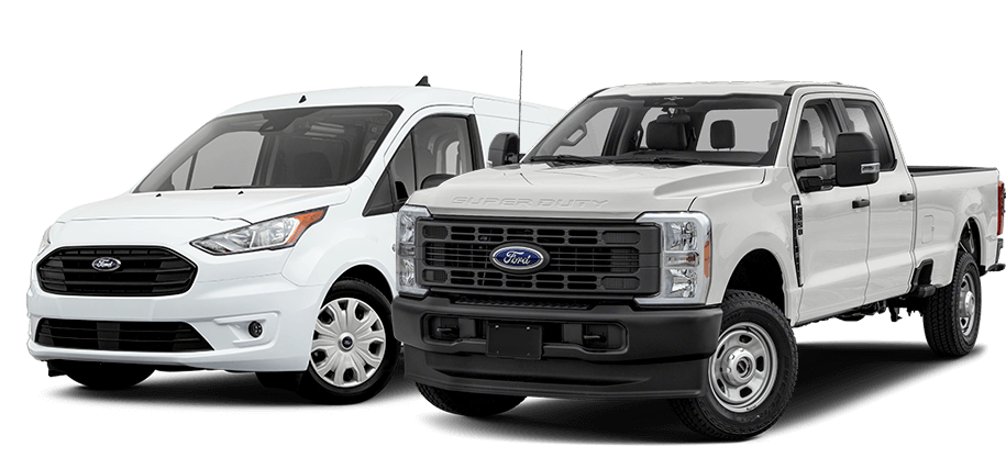 Deux véhicules Ford blancs, un camion utilitaire et un fourgon, illustrant la diversité des modèles.