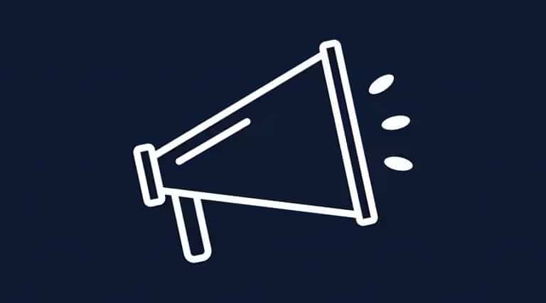 Megaphone icon on a dark blue background, symbolizing communication or announcements.