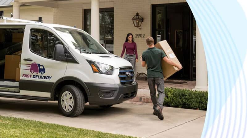 Delivery van labeled "Fast Delivery" with a courier carrying a package to a woman at her doorstep.