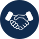 Handshake icon symbolizing partnership and cooperation on a blue circular background.