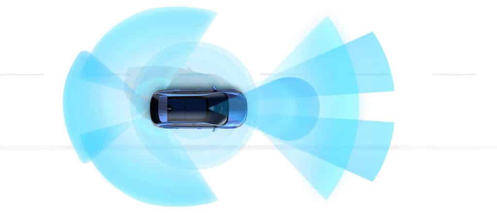 Top view of a car with blue radar sensing zones, illustrating autonomous driving technology.