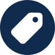 Price tag icon in a dark blue circle, symbolizing cost or sale.