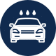 Car washing icon with water droplets on a car in a dark blue circle.