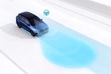 Illustration of a blue car using autonomous driving technology with a blue detection field.