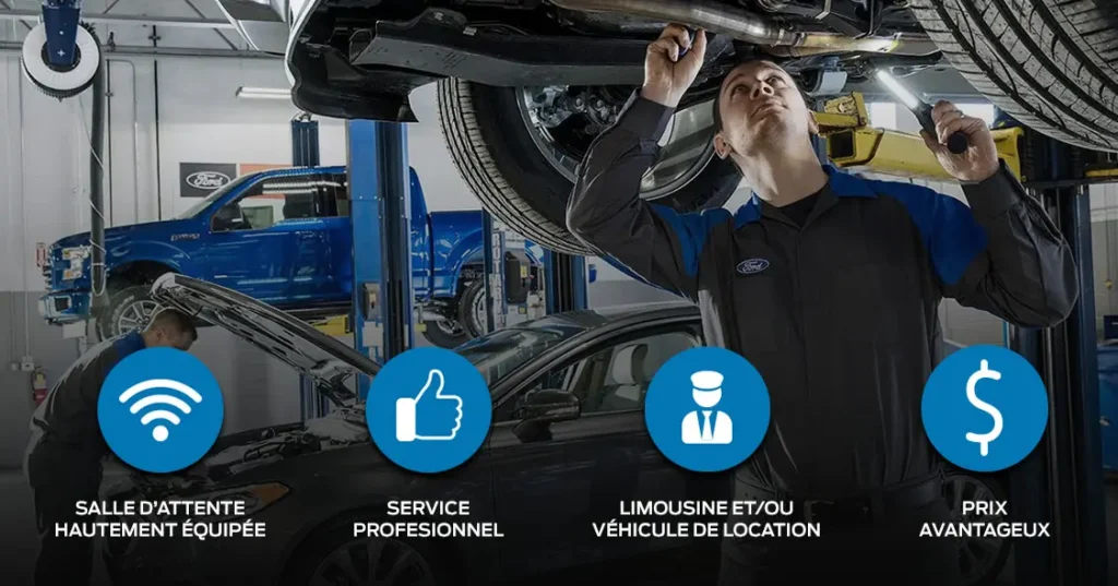 Mécanicien inspectant un véhicule surélevé dans un garage, icônes illustrant les services offerts : wifi, service professionnel, location de voiture, prix compétitifs.