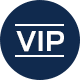 Icône circulaire bleu marine avec le texte blanc "VIP" souligné au centre.