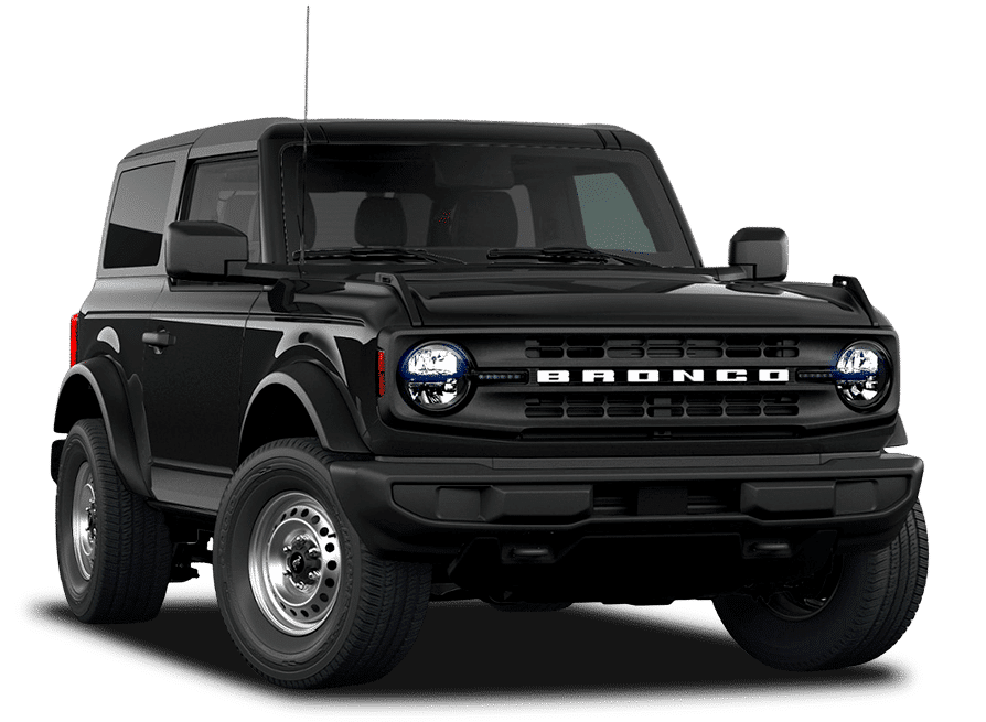 SUV noir Ford Bronco vu de face, phares ronds et design robuste idéal pour l'aventure.