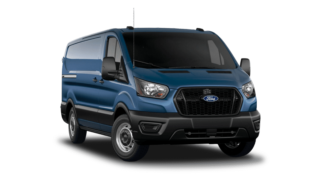 Fourgonnette bleue Ford Transit avec design moderne, vue de face en trois quarts.