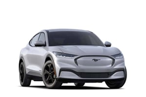 SUV électrique argenté, design moderne et lignes aérodynamiques, logo de cheval sur la calandre.