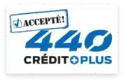 Logo de 440 Crédit Plus avec un texte "Accepté" en bleu et noir.