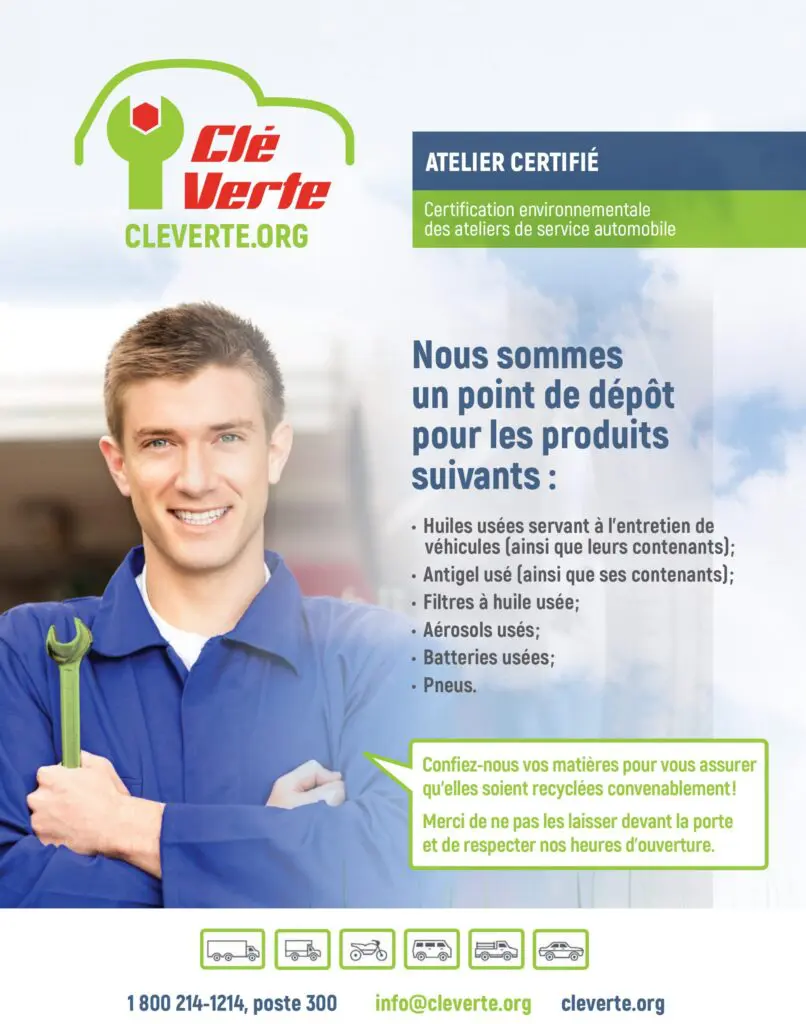 Un homme en bleu de travail tenant une clé anglaise. Texte sur la collecte et le recyclage de produits comme huiles usées. Informations de contact de Clé Verte.