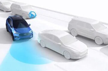 Voiture bleue avec assistance au stationnement, détecte obstacles avec capteurs et technologie avancée.