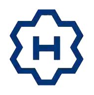 Logo en forme d'engrenage bleu avec un "H" stylisé au centre et accents jaunes.