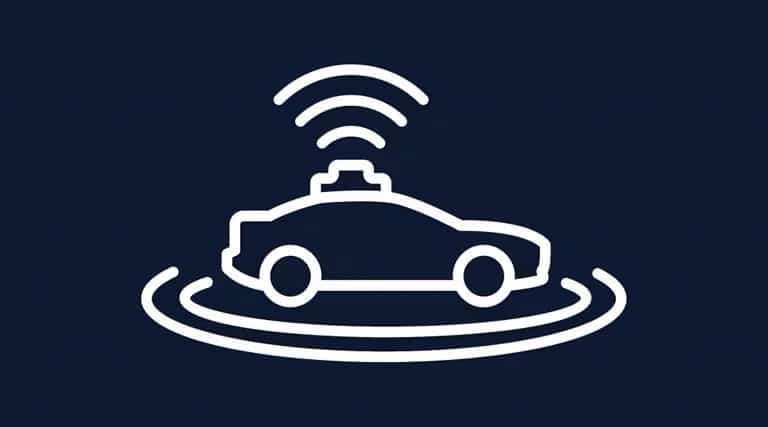 Icône de voiture autonome avec signaux wifi sur fond bleu sombre, illustrant la technologie de conduite autonome.