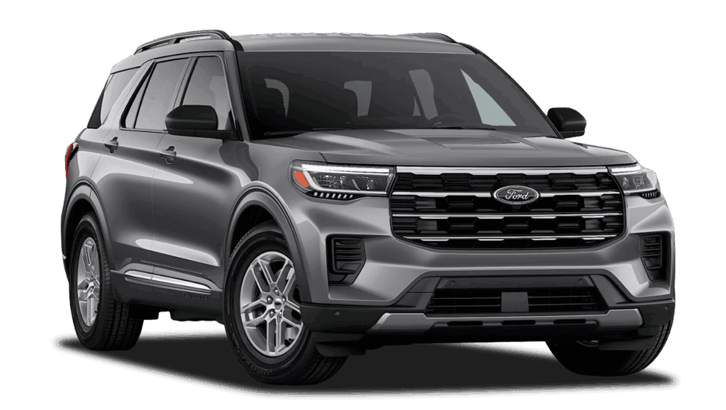 VUS Ford Explorer gris métallisé vu de trois quarts avant, montrant le design moderne et robuste.