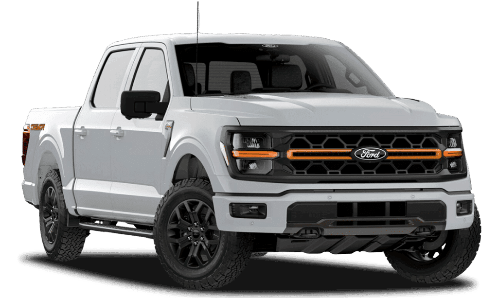 Pick-up Ford F-150 blanc, grille avant noire, roues robustes, phares LED stylés.