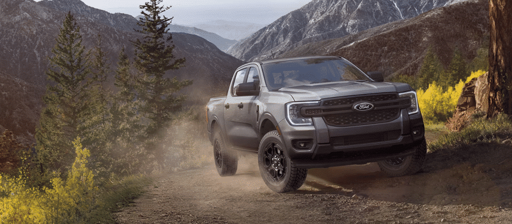 Camion Ford gris roulant sur un chemin de terre en montagne, entouré d'arbres et de collines rocheuses.